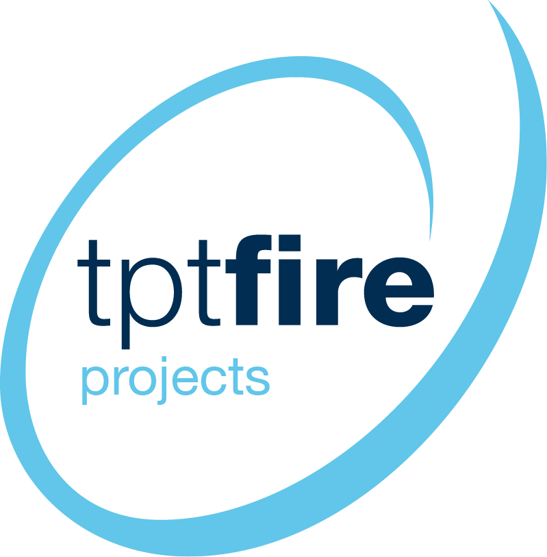 tptfire projects logo with dark and light blue text and a light blue swoosh.