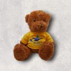 Brown teddy bear in a yellow t-shirt with St Michael's Hospital logo.