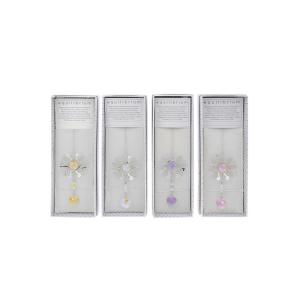 Four boxed crystal suncatchers with colorful teardrop accents: yellow, purple, lavender, pink.