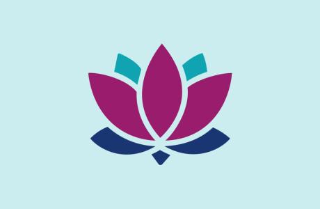 Stylized lotus flower logo with magenta, teal, and dark blue petals.