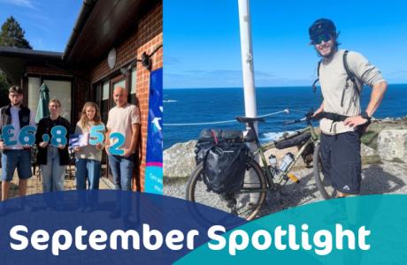 Photograph of a company smiling the camera outside our Hospice with the amount they raised in numbers, photograph of a supporter on their bike after doing a challenge for us
