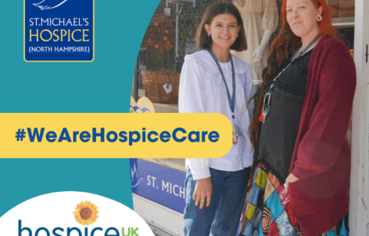 2 women standing outside st michaels hospice charity shop with graphic over the top reading " we are hospice care"