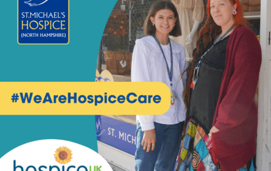 2 women standing outside st michaels hospice charity shop with graphic over the top reading " we are hospice care"