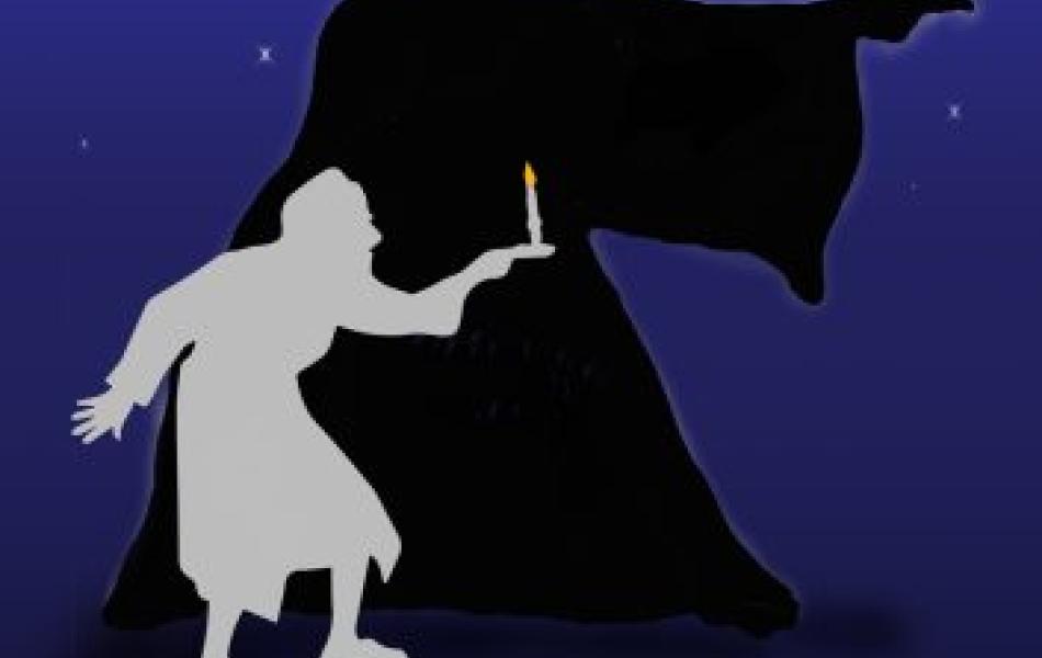 Graphic: flyer advertising A christmas Carol performance. Dark shadow figure with outline of scrooge