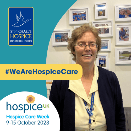 Woman with lanyard standing in St Michaels Hospice with graphic over the top reading "we are hospice care"