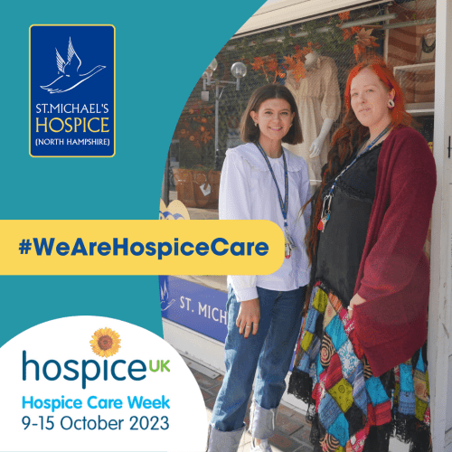 2 women standing outside st michaels hospice charity shop with graphic over the top reading " we are hospice care"