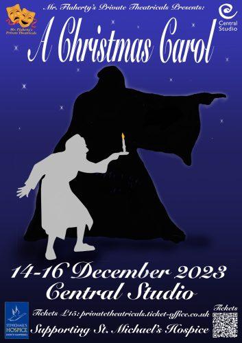 Graphic: flyer advertising A christmas Carol performance. Dark shadow figure with outline of scrooge