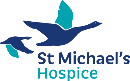St Michael's Hospice logo, blue and teal, with two flying birds.