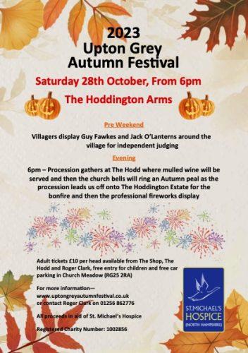Graphic: flyer with autumn leave and pumpkins advertising 2023 Upton Grey Autumn Festival